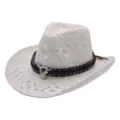White hollow straw cowboy hat with tribal band and bull skull charm for outdoor summer. - Bull Head Hollow Style 4 / White