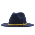 Dunkelblauer Fedora Hut mit gelbem Ledergürtel und Metallschnalle für Herbst Winter Sonnenschutz. - M (56-58cm) / Navyblau (Gelber Gürtel)
