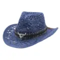 Blue Woven Cowboy Hat Straw Sun Protection Hat with Bull Skull Decor for Outdoor Travel - Bull Head Hollow Style 4 / Navy Blue