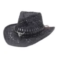 Black hollow straw cowboy hat for outdoor summer sun protection, vacation beach sunshade cap. - Bull Head Hollow Style 4 / Black