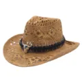 Brown straw cowboy hat with hollow design, ethnic braid band and metal bull skull decor for summer. - Bull Head Hollow Style 4 / Khaki