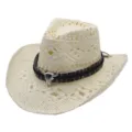Beige Straw Cowboy Hat Western Hollow Out Sun Hat with Tribal Band Summer Outdoor - Bull Head Hollow Style 4 / Cream