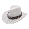 White Straw Cowboy Hat Hollow Out Sun Protection Beach Hat Summer Outdoor Sun Hat - Bull Head Leather Band Style 5 / White