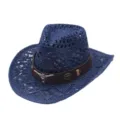 Blue hollow western cowboy straw hat with leather band and metal bull decor for outdoor sun. - Bull Head Leather Band Style 5 / Navy Blue