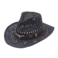 Black straw cowboy hat with leather band and metal bull skull for outdoor sun protection vacation - Bull Head Leather Band Style 5 / Black