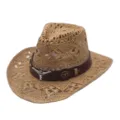 Hollow straw cowboy hat for men and women, stylish sun protection for outdoor vacation. - Bull Head Leather Band Style 5 / Khaki