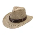 Hollow-out Western cowboy straw hat for men and women, stylish sun protection outdoor cap. - Bull Head Leather Band Style 5 / Beige