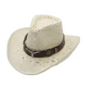 Unisex Straw Cowboy Hat Western Braided Beach Sun Hat Summer Outdoor Sunshade Cap. - Bull Head Leather Band Style 5 / Cream