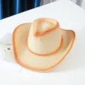 Straw cowboy hat with gradient orange edge, sun protection outdoor beach hat for summer. - Jazz Fedora Style / Beige