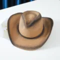 Vintage gradient western cowboy straw hat for outdoor sun protection and vacation fashion style. - Jazz Fedora Style / Coffee