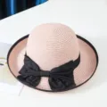 Chapeau de paille de soleil d'été pour femmes avec nœud noir élégant et large bord pour la plage. - M (56-58cm) / Rose