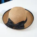 Sombrero de paja mujer verano con lazo negro playa vacaciones ala ancha sol elegante - M (56-58cm) / Caqui