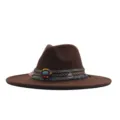 Chapeau fedora en laine a large bord femme vintage boho jazz avec bande ethnique et perles. - Chapeau Jazz Rétro (m9-46) / Café