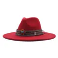Chapeau fedora en laine rouge pour femme, style bohème grand bord avec bande colorée. - Chapeau Jazz Rétro (m9-46) / Rouge