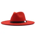 Chapeau fedora rouge à large bord avec ceinture en cuir noir et boucle métal mode hiver - M (56-58cm) / Rouge