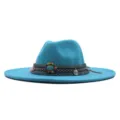Chapeau fedora en feutre de laine style ethnique vintage avec large bord et perles. - Chapeau Jazz Rétro (m9-46) / Bleu lac