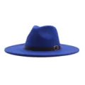 Blauer Wollfilz Fedora Hut mit braunem Ledergürtel und Schnalle, elegante Kappe für Damen Herren. - Saphirblau