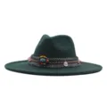 Chapeau fedora en feutre de laine vert foncé avec bande ethnique, large bord, chapeau jazz. - Chapeau Jazz Rétro (m9-46) / Vert Foncé