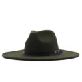 Chapeau fedora en feutre de laine vert avec large bord et lanière en cuir pour femme et homme. - M (56-58cm) / Vert Militaire