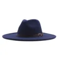Klassischer breiter Wollfilzhut Fedora für Damen und Herren, stylischer blauer Hut mit Lederriemen. - Marineblau
