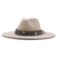 Chapeau fedora en feutre de laine à large bord bohème, chapeau jazz ethnique avec perles colorées. - Chapeau Jazz Rétro (m9-46) / Beige