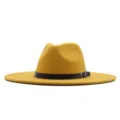 Chapeau fedora en feutre à large bord jaune avec ceinture noire, élégant chapeau en laine d'hiver. - M (56-58cm) / Jaune