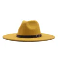 Sombrero fedora amarillo de ala ancha con cinturón de cuero, elegante sombrero de lana unisex. - Adulto 56-58cm / Amarillo