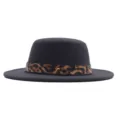 Chapeau jazz en feutre de laine pour femme avec sangle imprimé léopard mode bord plat hiver - M (56-58cm) / Gris foncé