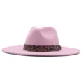 Rosa Wollfilz Fedora Hut mit Schlangenleder Gürtelband, breite Krempe Jazzkappe für Damen und Herren. - 56-58cm / Rosa