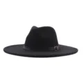 Sombrero fedora negro de lana de ala ancha con correa de cuero marrón y hebilla metálica unisex. - Adulto 56-58cm / Negro