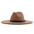Chapeau fedora classique en feutre de laine marron à large bord avec lanière en cuir Variante - M (56-58cm) / Kaki