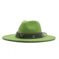 Chapeau fedora en laine verte avec bande décorative ethnique, chapeau jazz vintage à large bord. - Chapeau Jazz Rétro (m9-46) / Vert
