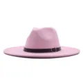 Rosa Wollfedora Hut für Damen Herren, breite Krempe Vintage Jazz Kappe mit Ledergürtel Schnalle. - Rosa