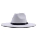 Chapeau fedora en feutre de laine blanc avec ceinture noire et boucle métal mode hiver. - M (56-58cm) / Blanc