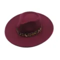 Chapeau fedora femme en feutre de laine bordeaux grand bord avec bande leopard automne hiver - M (56-58cm) / Bordeaux