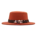 Sombrero naranja elegante con cinta de leopardo y perlas delicadas para un estilo único. - Naranja / M (56-58cm)