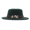 Sombrero fedora verde con banda de leopardo y detalles de perlas, vista detallada. - Verde Oscuro / M (56-58cm)