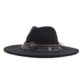 Chapeau fedora classique en laine noire avec bande perlee ethnique boho large bord. - Chapeau Jazz Rétro (m9-46) / Noir