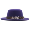 Sombrero fedora plano de lana morada con banda de perlas estampado leopardo detalle moda - Púrpura / M (56-58cm)