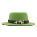 Sombrero fedora plano verde con cinta de leopardo y detalles de decoración de flores de perlas. - Verde Hierba / M (56-58cm)