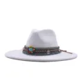 Chapeau de jazz en feutre de laine blanc avec ruban ethnique, fedora large bord. - Chapeau Jazz Rétro (m9-46) / Blanc