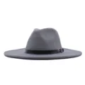 Chapeau feutre large bord gris avec ceinture en cuir noir et boucle métal mode - M (56-58cm) / Gris