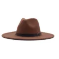 Brauner Woll-Fedora-Hut mit breiter Krempe, klassischer britischer Jazz-Hut mit Lederschnalle. - Braun