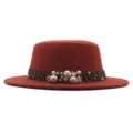 Sombrero de jazz plano de lana clásico con cinta de leopardo y perlas para otoño invierno. - Caramelo / M (56-58cm)