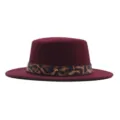 Femme Automne Hiver Chapeau Fedora en Laine Haut Plat Jazz avec Ceinture Léopard Rouge - M (56-58cm) / Bordeaux