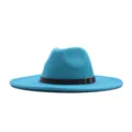 Blauer breiter Fedora Hut aus Wolle, eleganter Jazzhut mit braunem Gürtel für Damen Herren. - Seeblau