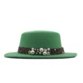 Sombrero plano de lana verde con cinta de leopardo y decoracion de perlas mujer invierno - Verde / M (56-58cm)