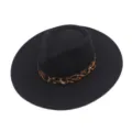Chapeau fedora en feutre de laine pour femme, bord plat uni 9 cm large chapeau jazz motif léopard. - M (56-58cm) / Noir