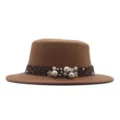 Sombrero de jazz plano vintage de lana con cinta de leopardo y perlas falsas otoño invierno - Caqui / M (56-58cm)