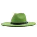 Chapeau Fedora à Large Bord Vert en Feutre de Laine avec Ceinture en Cuir Noir et Boucle - M (56-58cm) / Vert Herbe